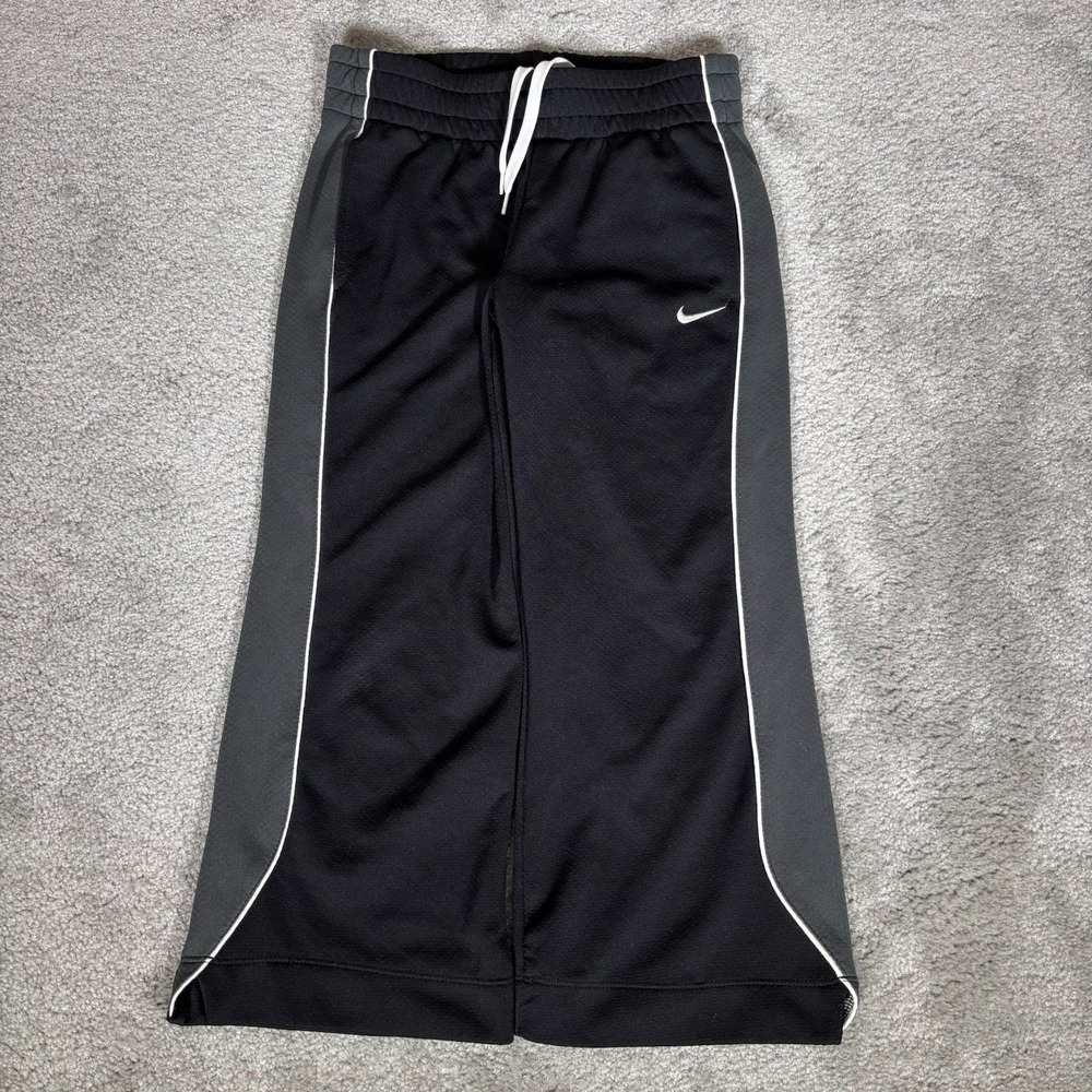 Vintage Nike Track Pants Youth Boys L Black Gray Striped Wide Leg Baggy Athletic